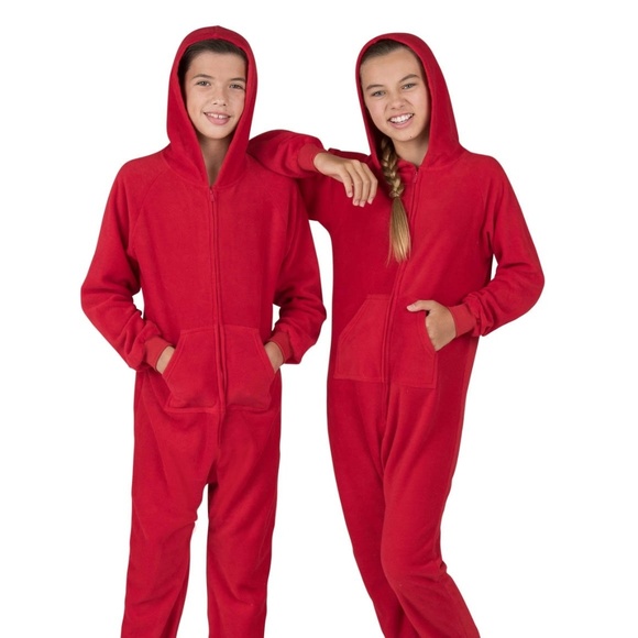 Footed Pajamas With Hood Red Size Kids Medium New - Picture 2 of 8
